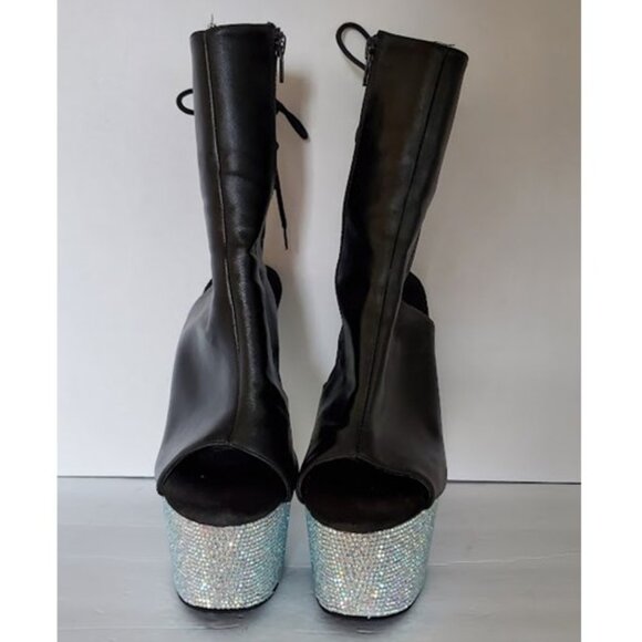 Pleaser Rhinestone Platform Stiletto Bootie Peeptoe Shoe Sz 7 Exotic Dancer Pole - Picture 2 of 13